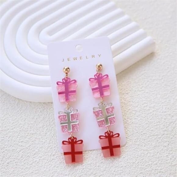 🎄 Pink Christmas Gift Box Earrings | Cute Holiday Dangle Jewelry | Festive Gift - Picture 5 of 6